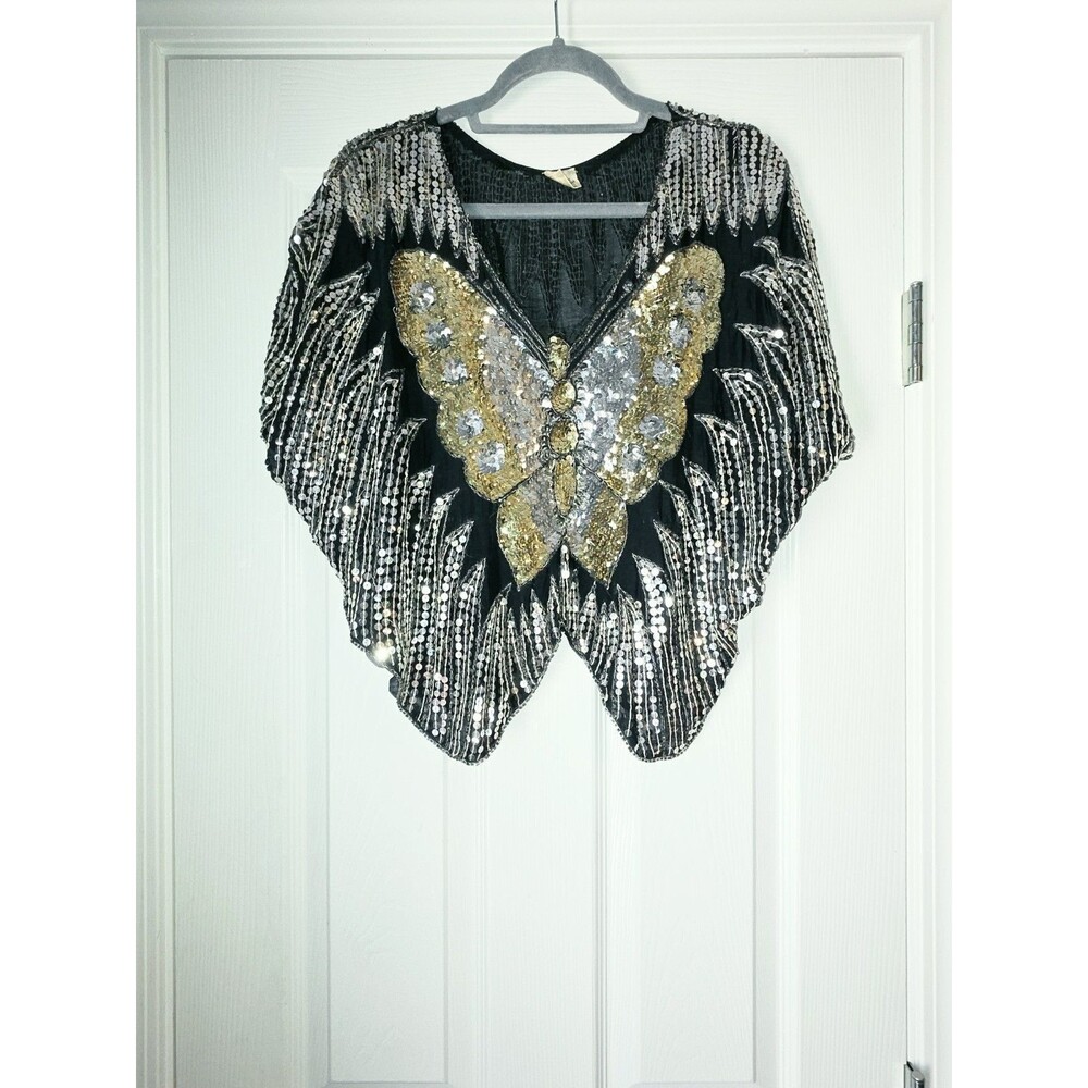 Vintage Womens 70s 100% Silk Sequined Disco Retro Glam Butterfly Party Top L/XL